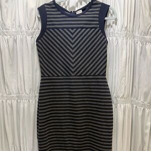Merona Striped Navy & Gray Sleeveless stretchy midi Dress Sz M